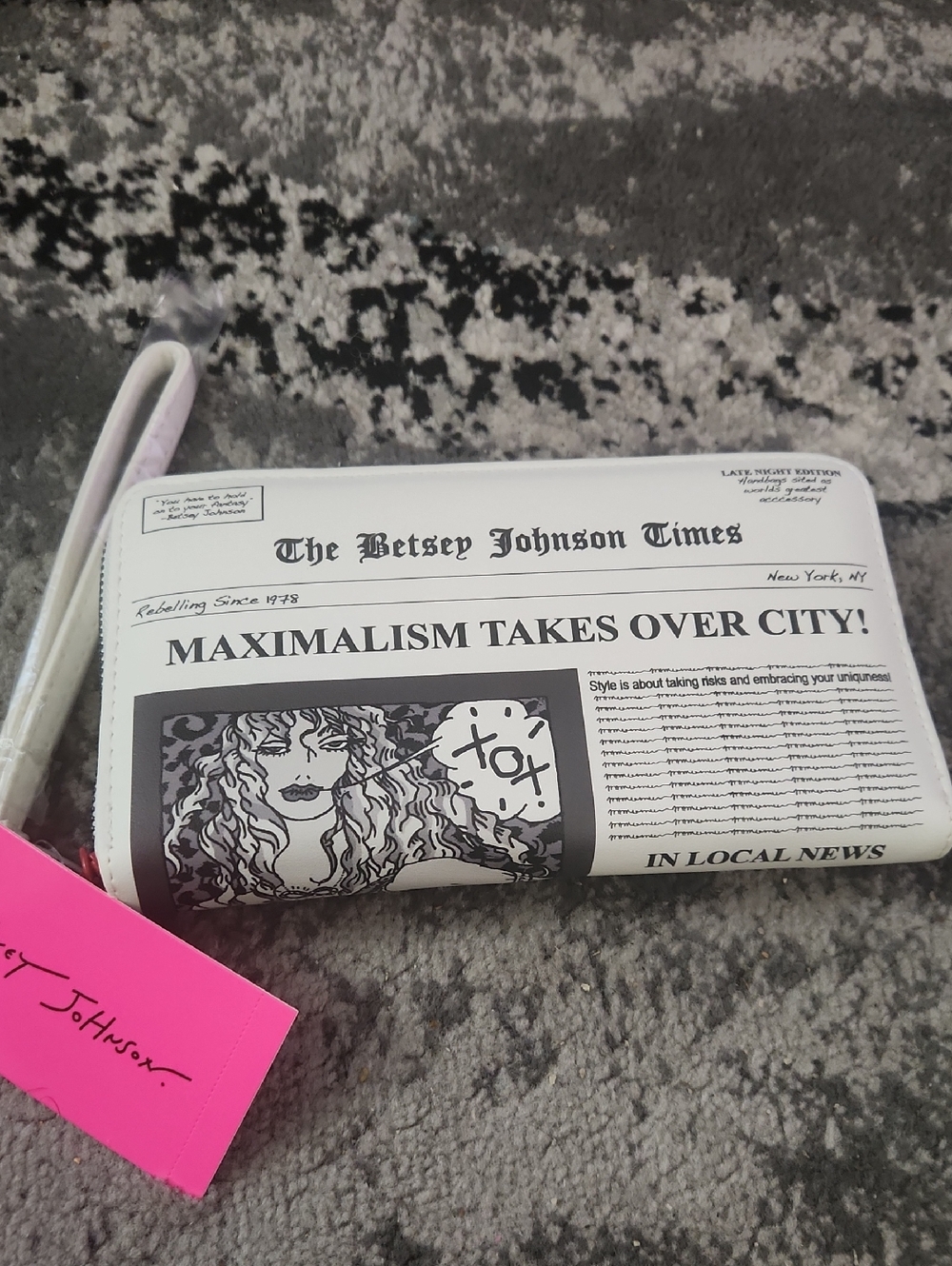 Betsey Johnson Black and White Newspaper Print Wristlet